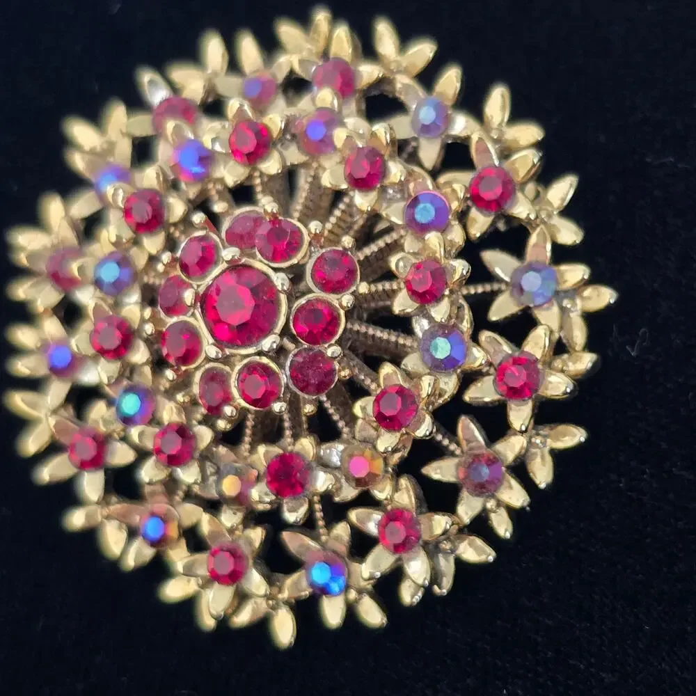 Vintage Liz Claiborne Brooch Pendant Ruby Red AB Rhinestone Gold Floral 80s 90s